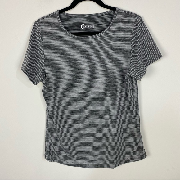 Zyia Grey Striped Short Sleeve Activewear Workout Athletic Running - Picture 1 of 3